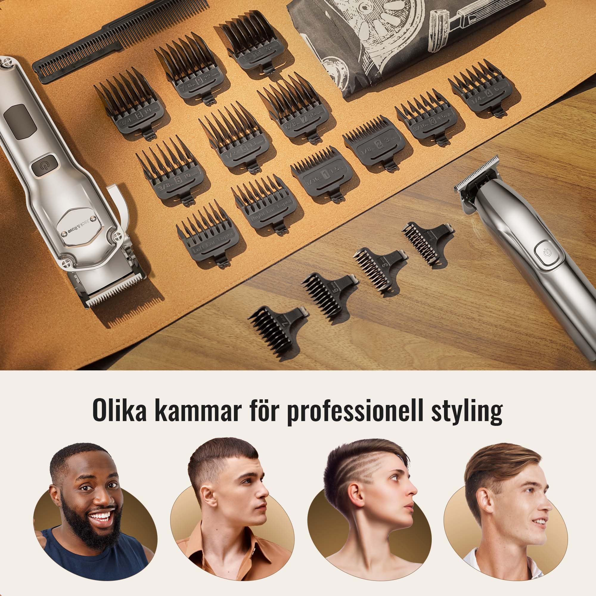 Jack & Rose set med hårklippare och trimmer, sladdlösa hårklippare för män, frisörset
