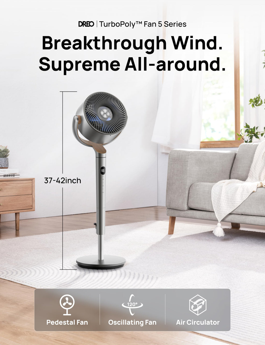 Dreo 23dB stillastående ventilator, 120°+120° omnidirektionell oscillerende ventilator, 24 m vindstång, 1200 m³/h luchtvolume, tysta stående fans, 102 cm hoogte, 3 modi, 8 snelheden, PolyFan 502