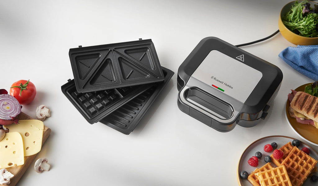 Russell Hobbs Smörgåsgrill 3-i-1 [smörgåsar, belgiska våfflor, grill] diskmaskinssäkra plattor, non-stick beläggning & extra djupa plattor, BPA-fri) 26810-56.