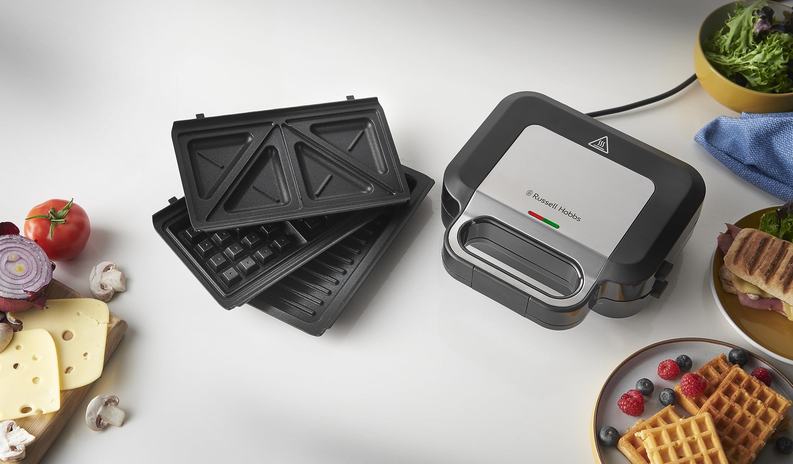 Russell Hobbs Smörgåsgrill 3-i-1 [smörgåsar, belgiska våfflor, grill] diskmaskinssäkra plattor, non-stick beläggning & extra djupa plattor, BPA-fri) 26810-56.