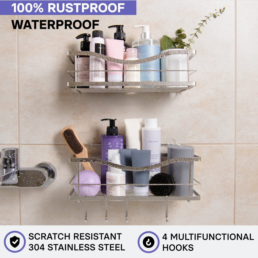 KINCMAX Shower Caddy Basket Shelf Pack of 2 - Adhesive Drill-Free Home Kitchen or Bathroom Storage - Hanging Shower Shelves for Inside Shower - Organiser w/Hooks as Accessories
