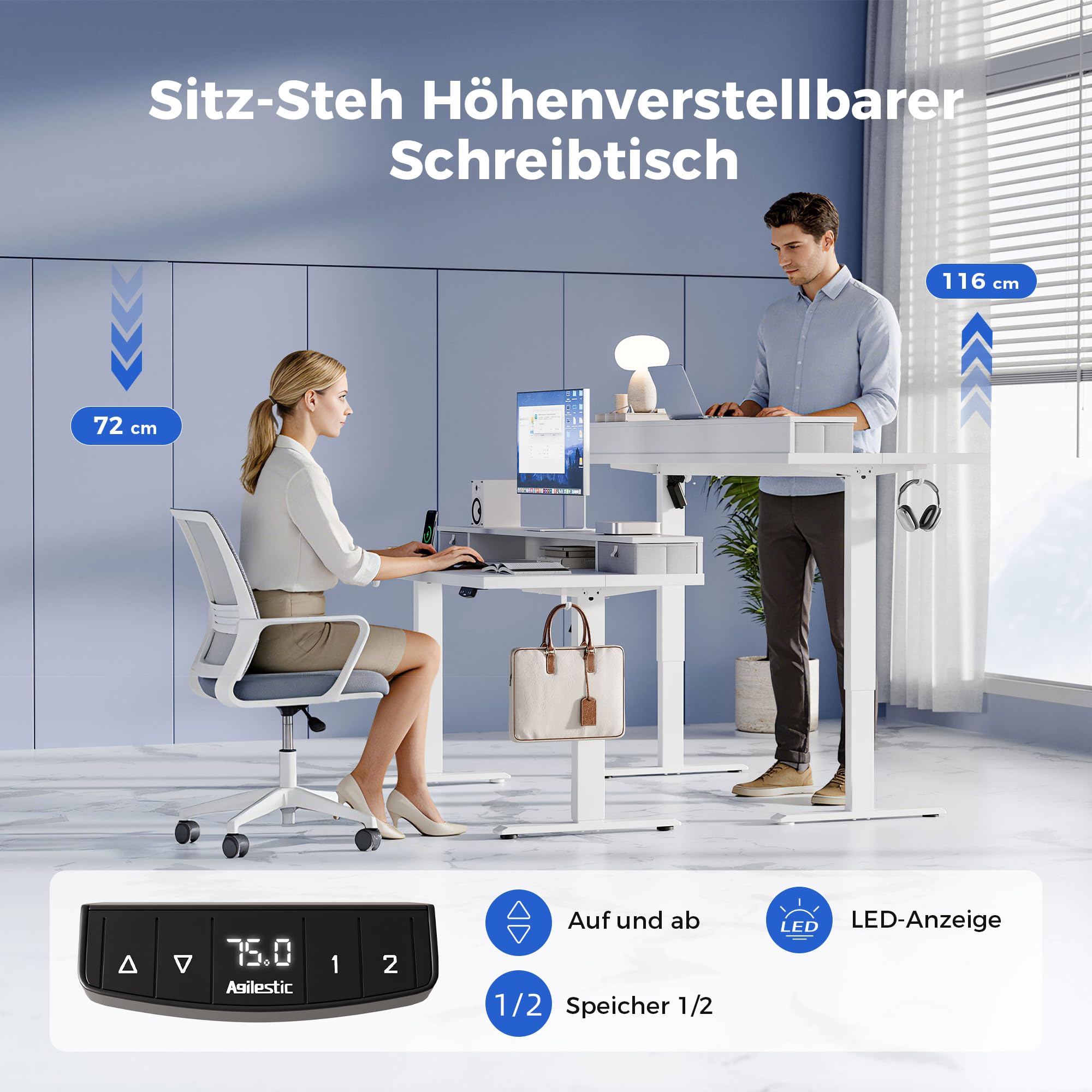 Agilestic Höjdjusterbart skrivbord med två lådor, 120 x 60 cm elektriskt datorskrivbord med minnesfunktion, skrivbord för kontor och hem, vit