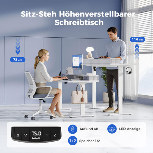 Agilestic Höjdjusterbart skrivbord med två lådor, 120 x 60 cm elektriskt datorskrivbord med minnesfunktion, skrivbord för kontor och hem, vit
