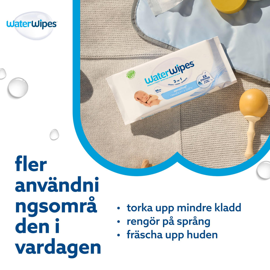 WaterWipes Sensitive+ Newborn & Baby Wipes, Våtservetter för nyfödda och spädbarn, 720 st (12-pack), 3-i-1 rengör, vårdar och skyddar, 99,9% vatten, oparfymerade