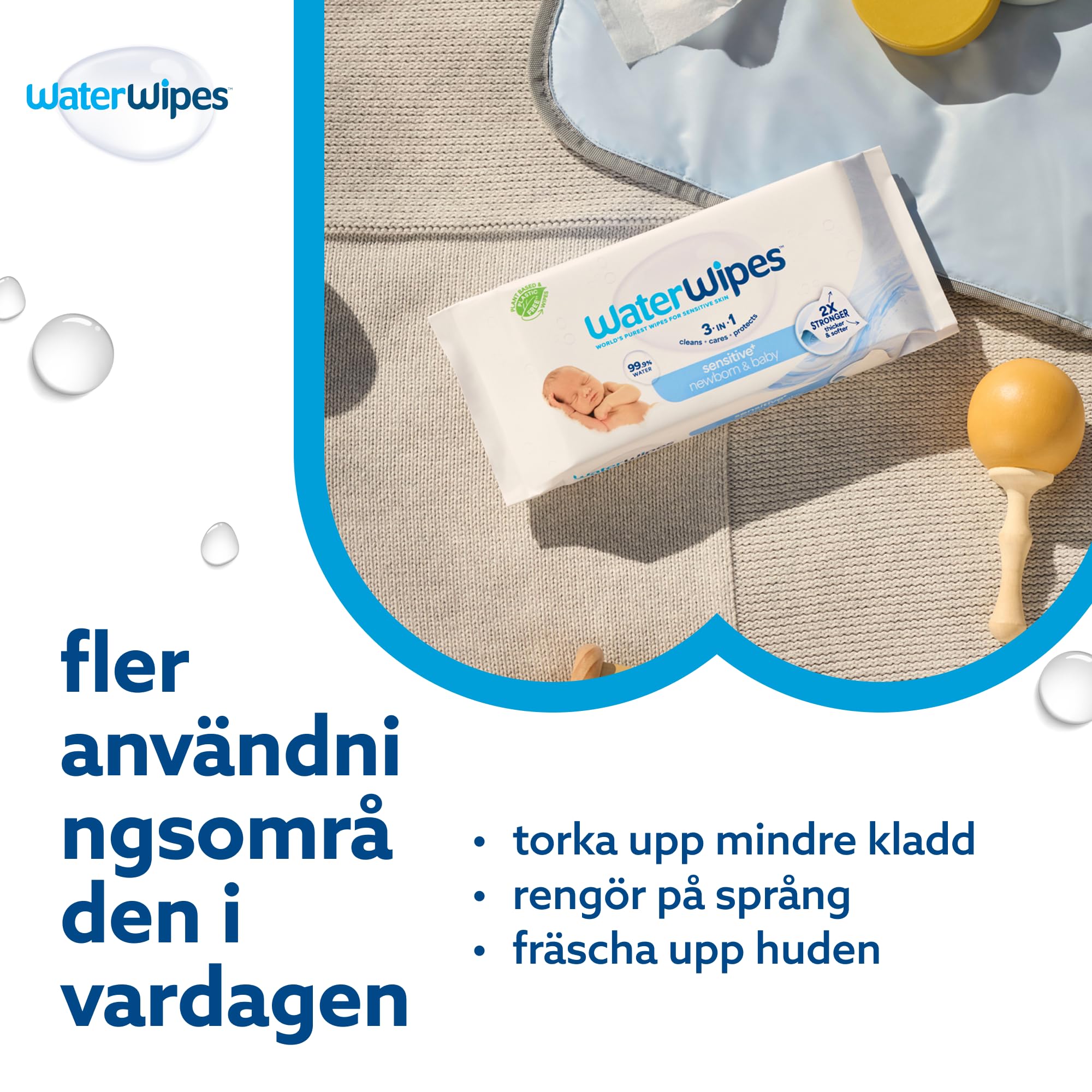 WaterWipes Sensitive+ Newborn & Baby Wipes, Våtservetter för nyfödda och spädbarn, 720 st (12-pack), 3-i-1 rengör, vårdar och skyddar, 99,9% vatten, oparfymerade