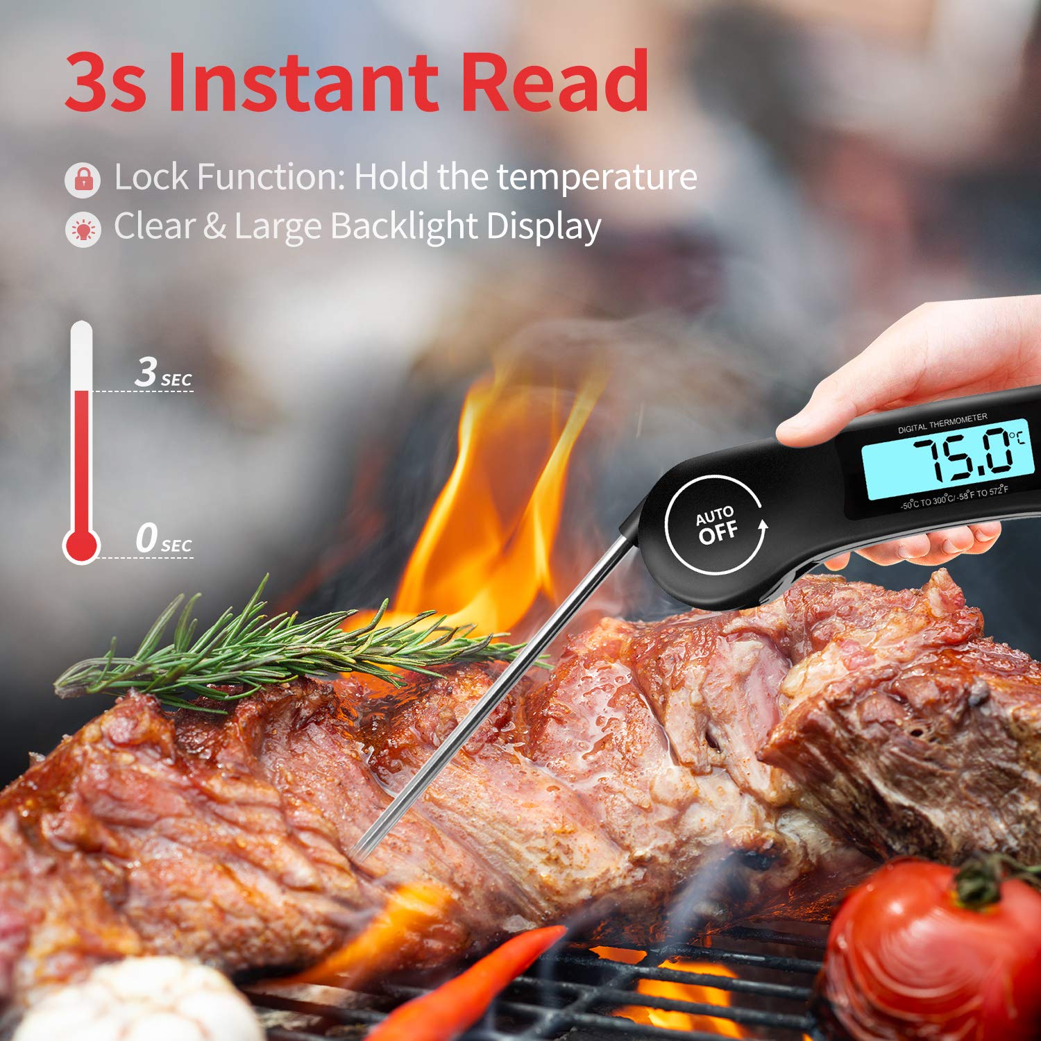 DOQAUS Kötttermometer Digital, 3s omedelbar läsning Matlagningstermometer, Vikbar Sond Grilltermometer med Hög Noggrannhet, Bakgrundsbelysning LCD-skärm, Automatisk på/av för Kök, Grill, Mjölk (svart)