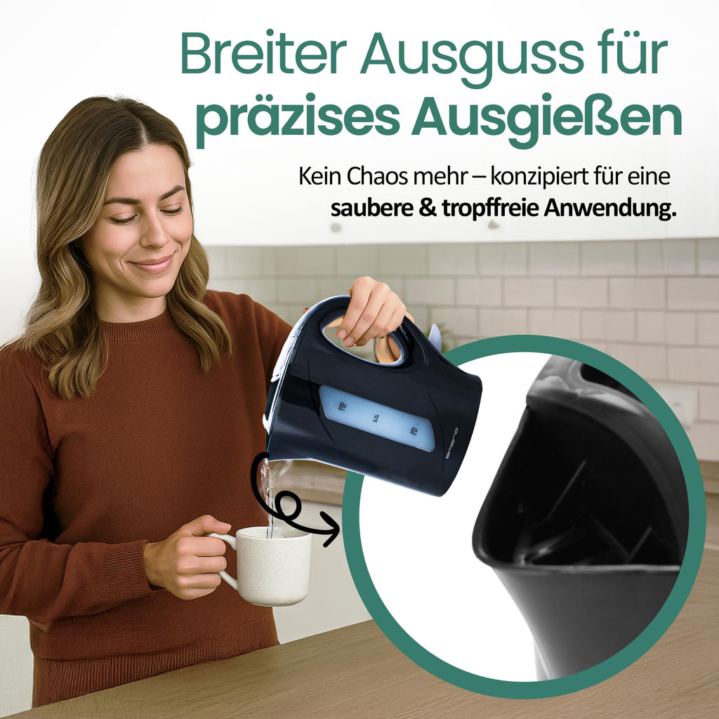 Emerio Vattenkokare, 1,0 liter, 900 watt, vattennivåindikator, BPA-fritt, torrgåsskydd, upplyst på/av-brytare, perfekt för hem, camping eller kontor, WK-121616.1, svart