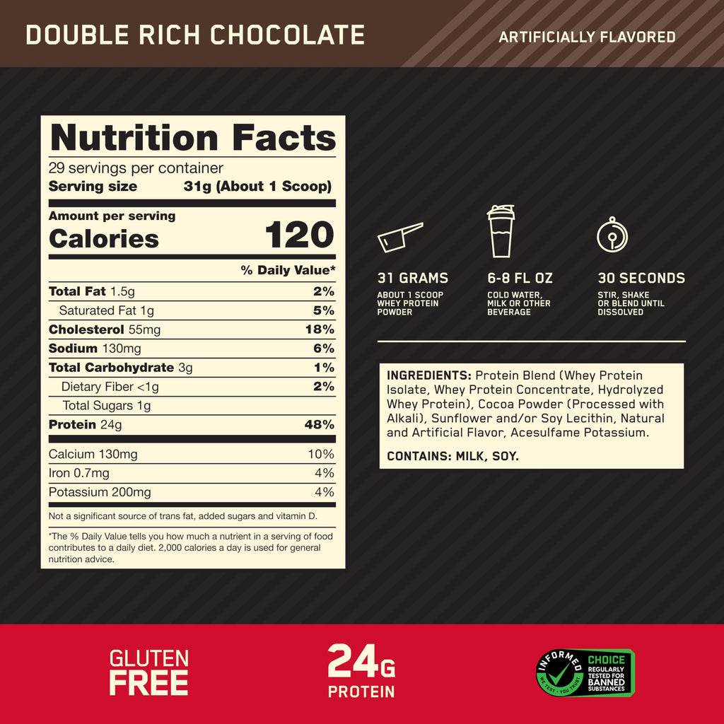 Optimum Nutrition Gold Standard 100% Whey Vassleprotein, Double Rich Chocolate, 899g, 29 Portioner, Förpackningen Kan Variera