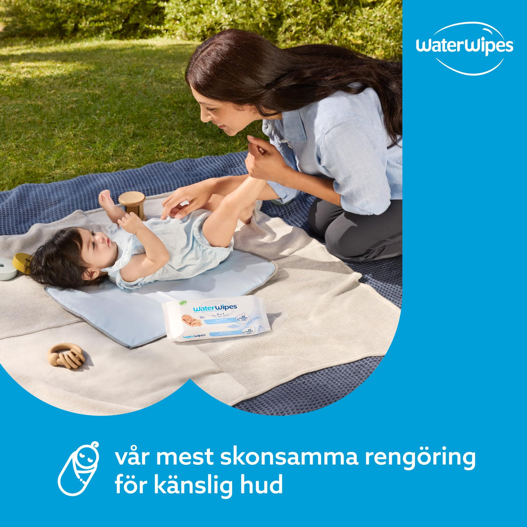 WaterWipes Sensitive+ Newborn & Baby Wipes, Våtservetter för nyfödda och spädbarn, 720 st (12-pack), 3-i-1 rengör, vårdar och skyddar, 99,9% vatten, oparfymerade