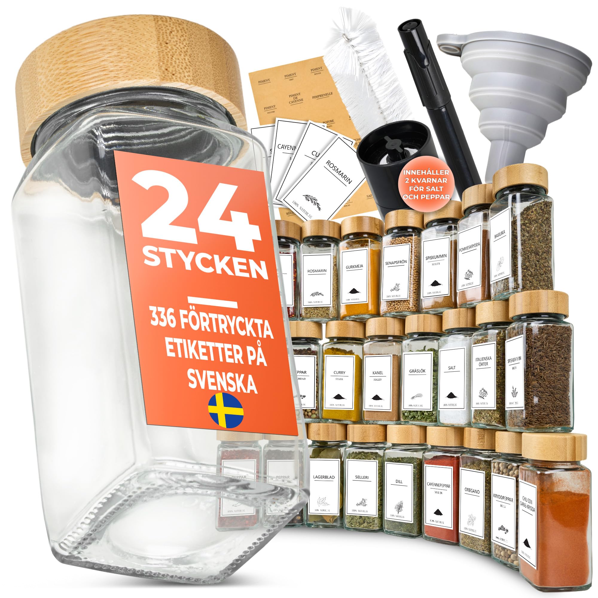 Comforder – Kryddburkar i Glas med Trälock – 336 Svenska Etiketter – 24-pack – 120 ml – Med Tillbehör (Bamboo)