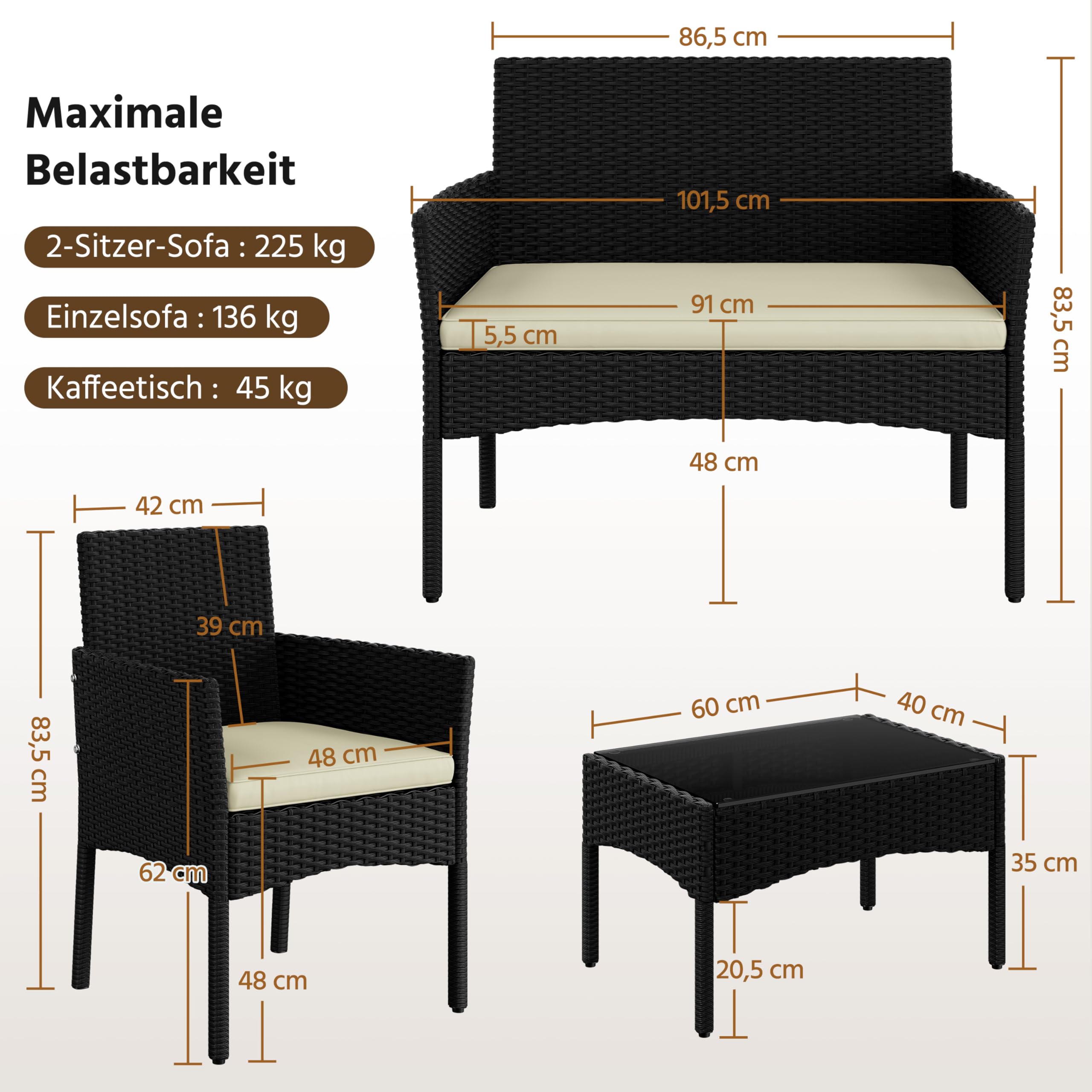 Yaheetech Set med 4 trädgårdsmöbler, balkongmöbler, sats av polyrattan terrassmöbler, utomhus med 2 soffor, 2 stolar, bord och sittdyna för terrass/balkong/trädgård, svart och beige