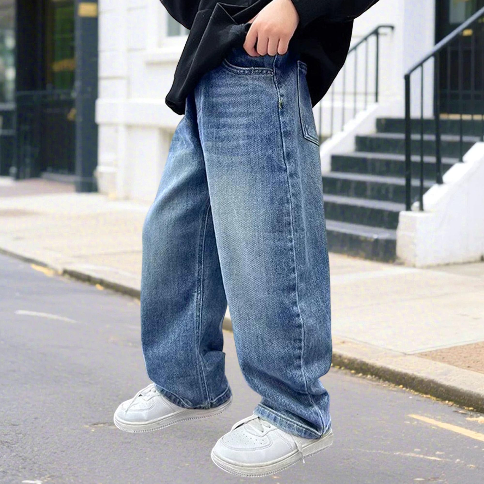 Baggy jeans pojkar vardaglig elastisk midja breda ben Y2k denimbyxor vintage streetwear byxor lös passform träningsbyxa