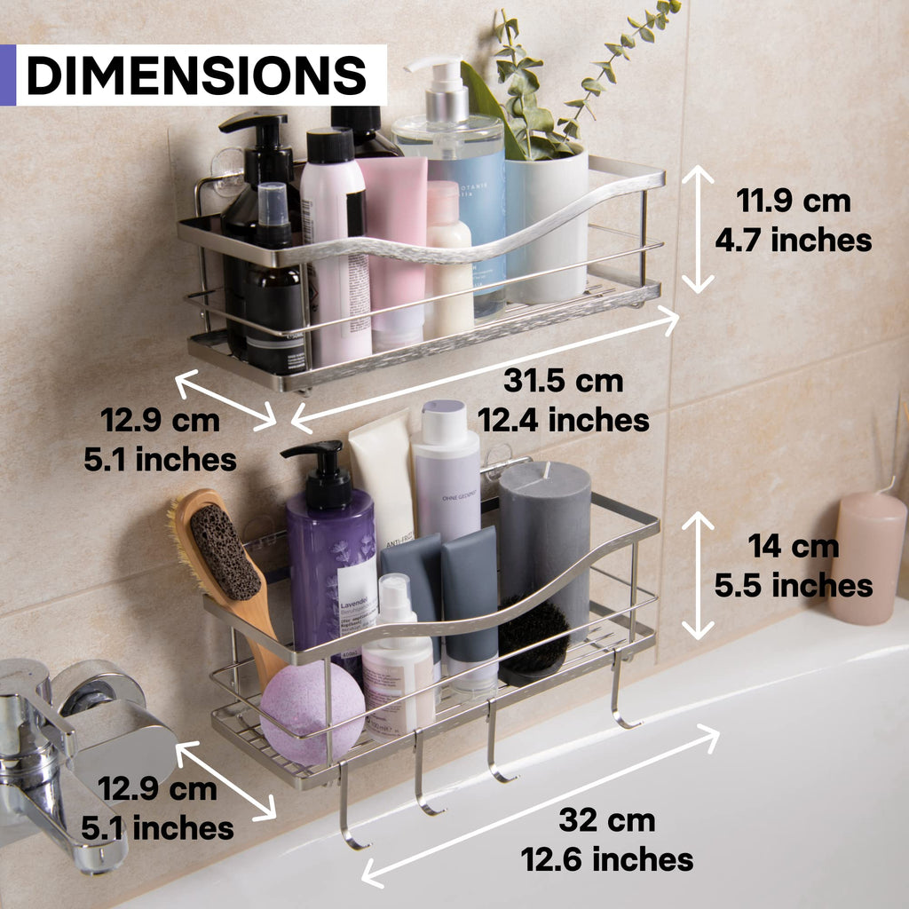 KINCMAX Shower Caddy Basket Shelf Pack of 2 - Adhesive Drill-Free Home Kitchen or Bathroom Storage - Hanging Shower Shelves for Inside Shower - Organiser w/Hooks as Accessories