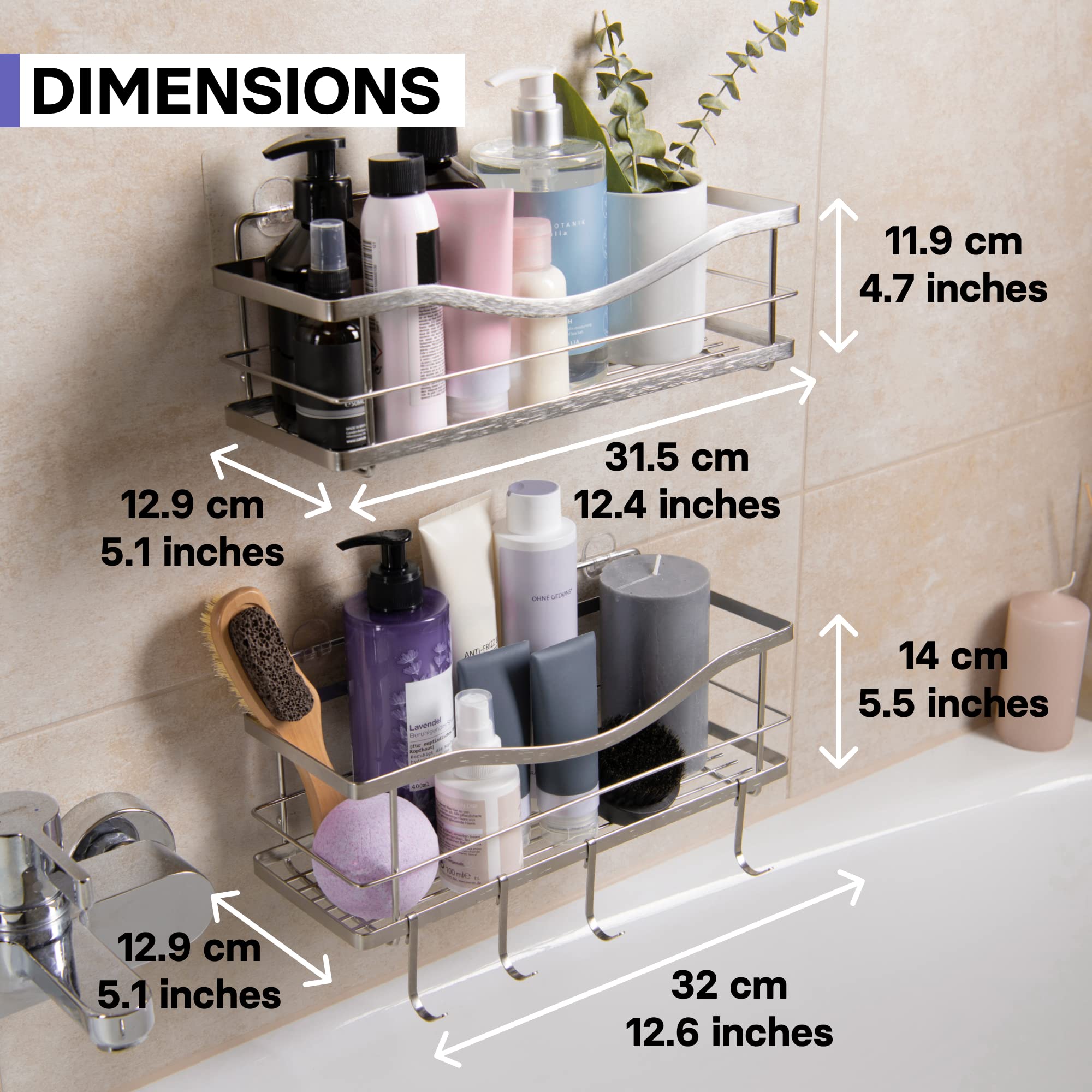 KINCMAX Shower Caddy Basket Shelf Pack of 2 - Adhesive Drill-Free Home Kitchen or Bathroom Storage - Hanging Shower Shelves for Inside Shower - Organiser w/Hooks as Accessories
