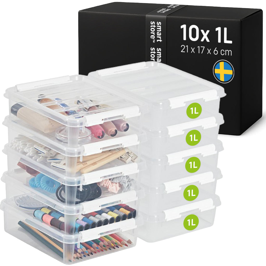 SmartStore 1 L x 10-st - Små Förvaringslådor i plast med lock - 10 års garanti - livsmedelssäker - clips - stapelbara- BPA-fri- 21 x 17 x 6 cm