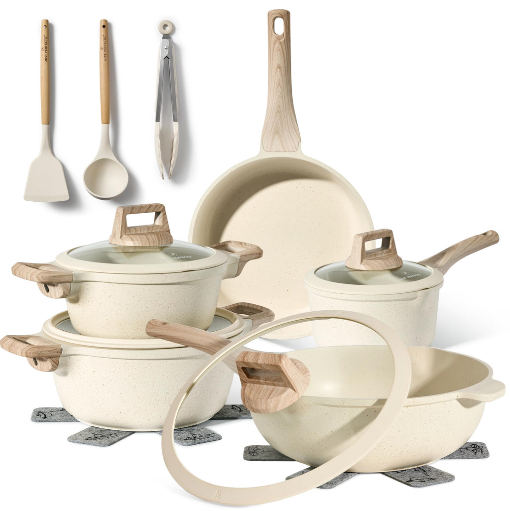 Just Perfecto Set med 21 kastruller och stekpannor, non-stick köksredskapsset, vit granit, induktion, non-stick set med stekpannor och kastruller (PFOS, PFOA-fri) (Biege)