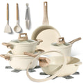 Just Perfecto Set med 21 kastruller och stekpannor, non-stick köksredskapsset, vit granit, induktion, non-stick set med stekpannor och kastruller (PFOS, PFOA-fri) (Biege)