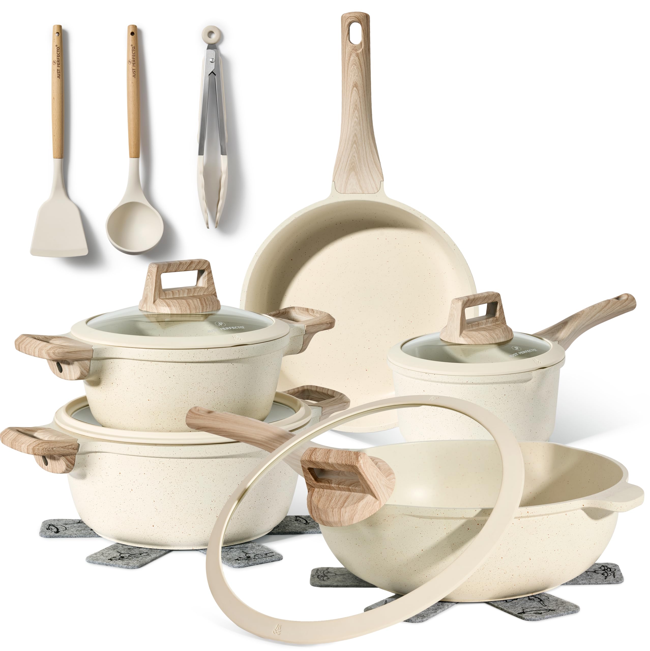 Just Perfecto Set med 21 kastruller och stekpannor, non-stick köksredskapsset, vit granit, induktion, non-stick set med stekpannor och kastruller (PFOS, PFOA-fri) (Biege)