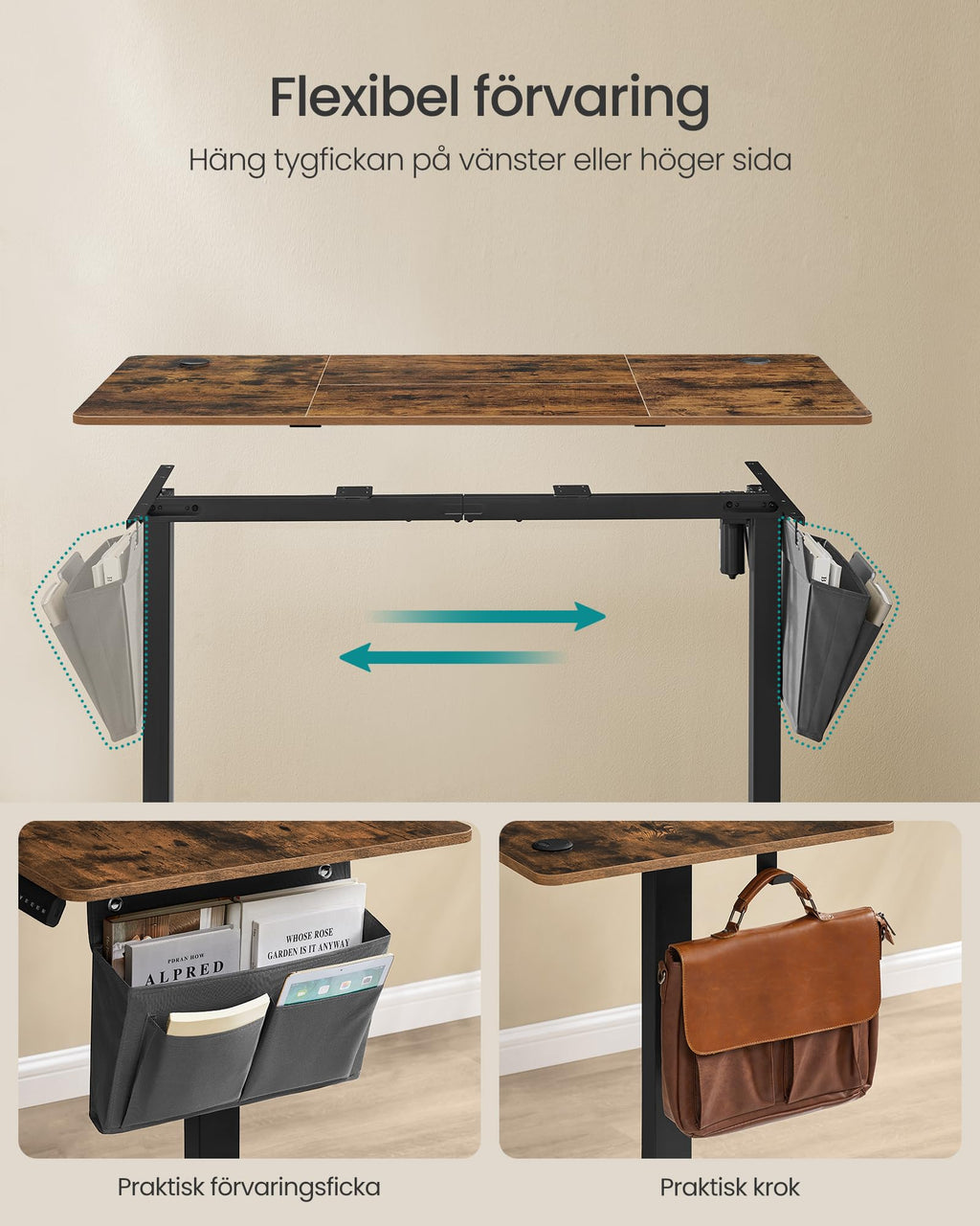 SONGMICS Höjdjusterbart elektriskt skrivbord, 160 x 70 cm, stående, 4-höjds minnesfunktion, för kontor, hemmakontor, rustik brun och bläcksvart, LSD136K01