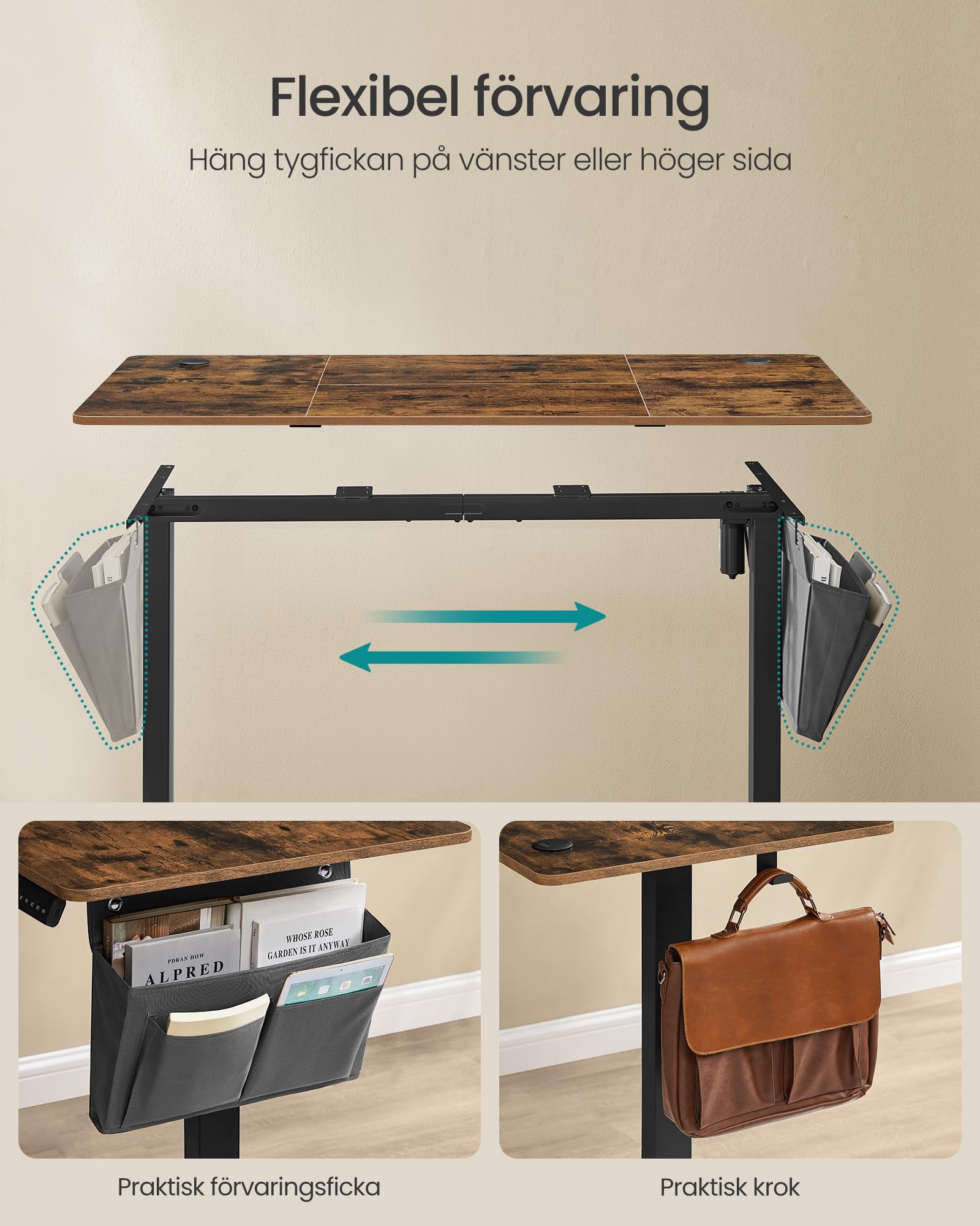 SONGMICS Höjdjusterbart elektriskt skrivbord, 160 x 70 cm, stående, 4-höjds minnesfunktion, för kontor, hemmakontor, rustik brun och bläcksvart, LSD136K01