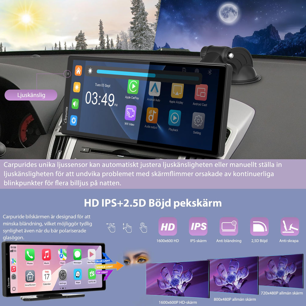 Carpuride Wireless Carplay & Android Auto med Dash Cam - 10,26" HD IPS Touch Car Play-skärm för bil, 4K Front & 1080P Bakre kamera, Loop Recording, Bluetooth Audio, Mirror Link, GPS, Siri