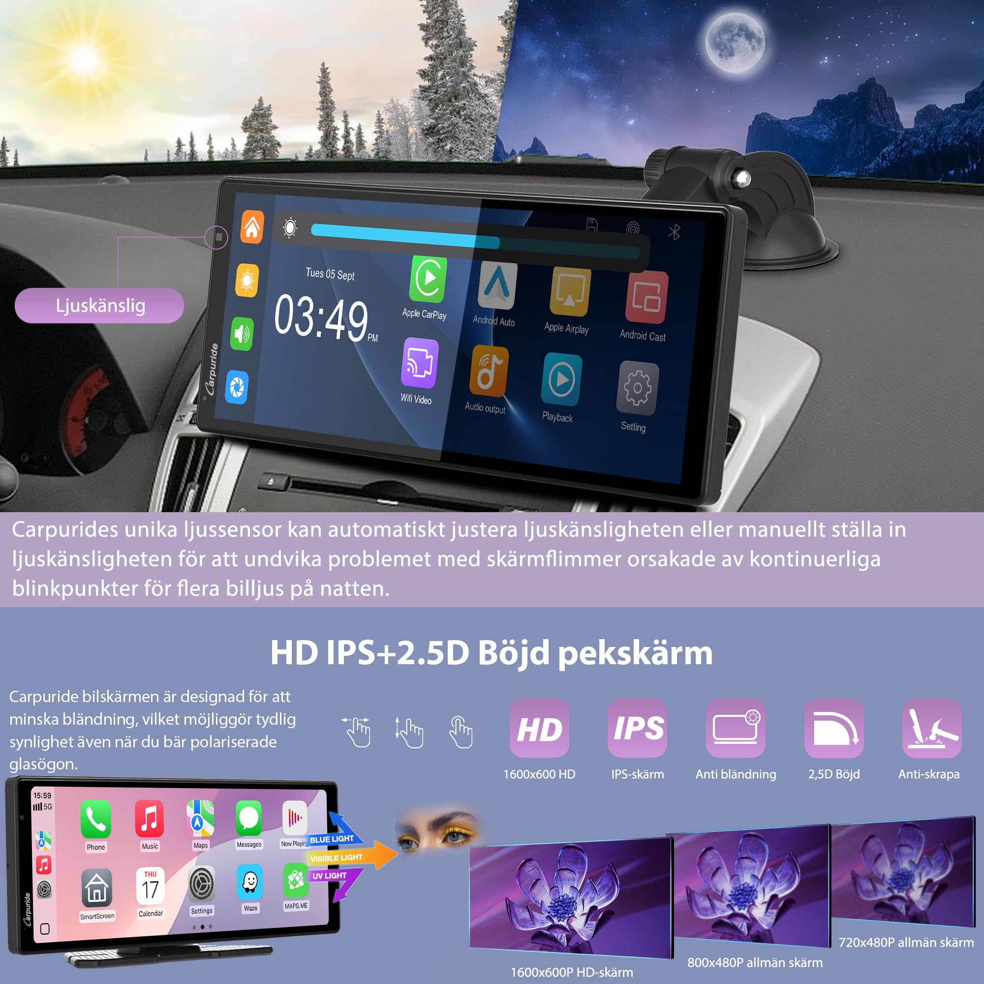 Carpuride Wireless Carplay & Android Auto med Dash Cam - 10,26" HD IPS Touch Car Play-skärm för bil, 4K Front & 1080P Bakre kamera, Loop Recording, Bluetooth Audio, Mirror Link, GPS, Siri