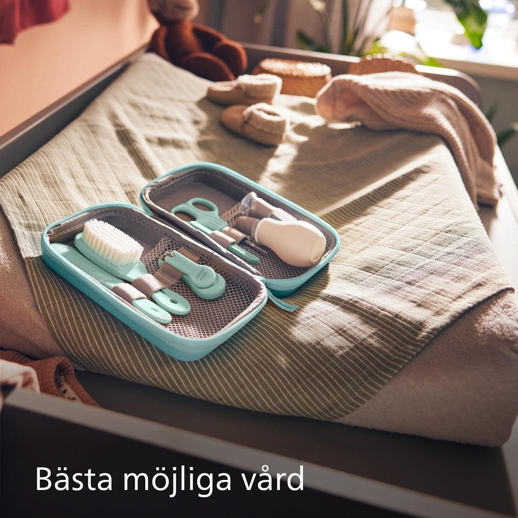 Philips Avent babyvårdsset – babyvårdsset med nio tillbehör, nagelklippare, sax, tre nagelfilar, kam, hårborste, nässug och fingertandborste (modell SCH401/00)
