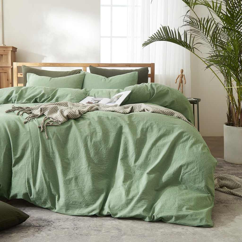 AMWAN Soft Sage Green Duvet Cover Twin 3 Piece Washed Cotton Bedding Sets Simple Style Light Green Comforter Cover Breathable Cotton Green Bedding Duvet Cover for Kids Boy Girl Adults Twin Bed Set