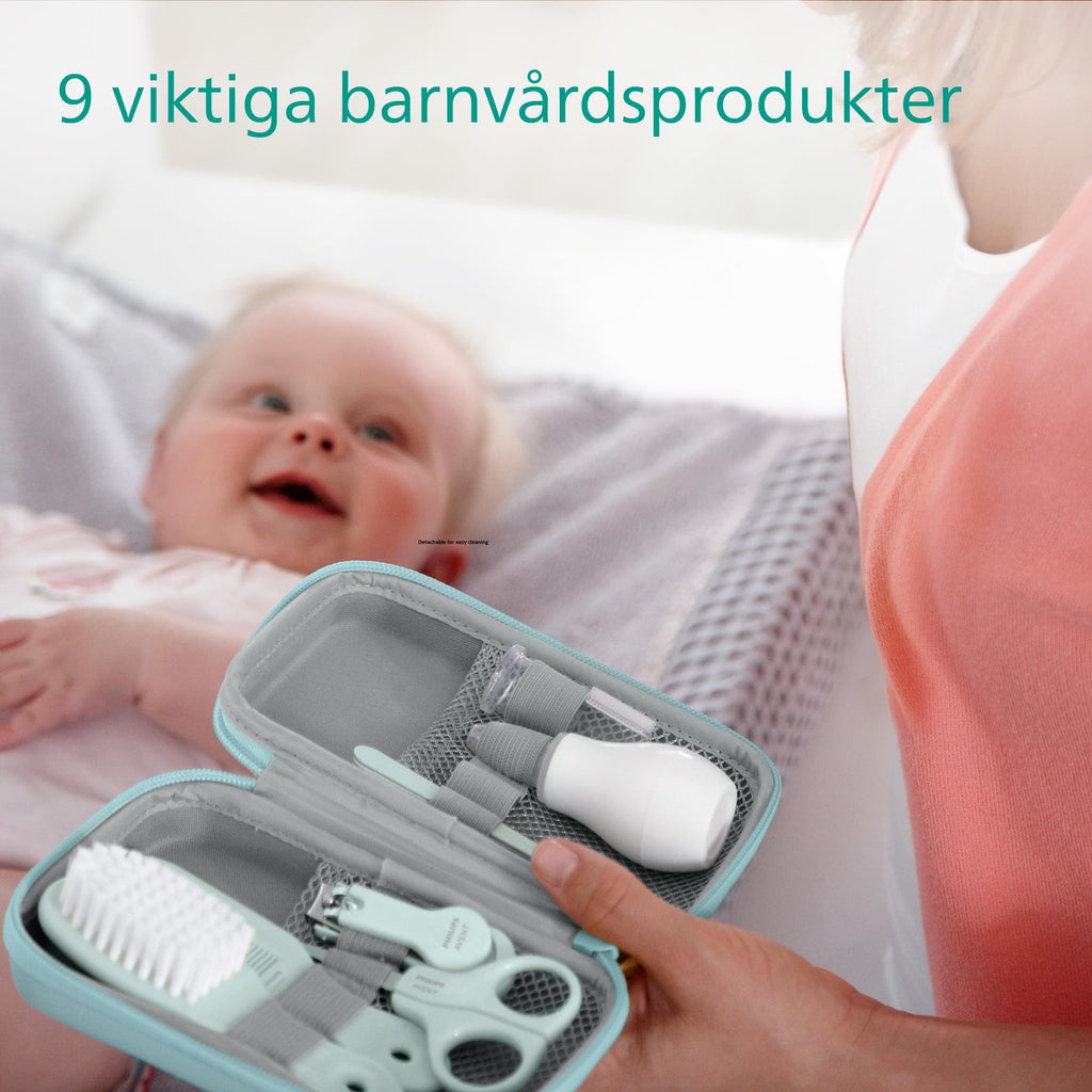 Philips Avent babyvårdsset – babyvårdsset med nio tillbehör, nagelklippare, sax, tre nagelfilar, kam, hårborste, nässug och fingertandborste (modell SCH401/00)