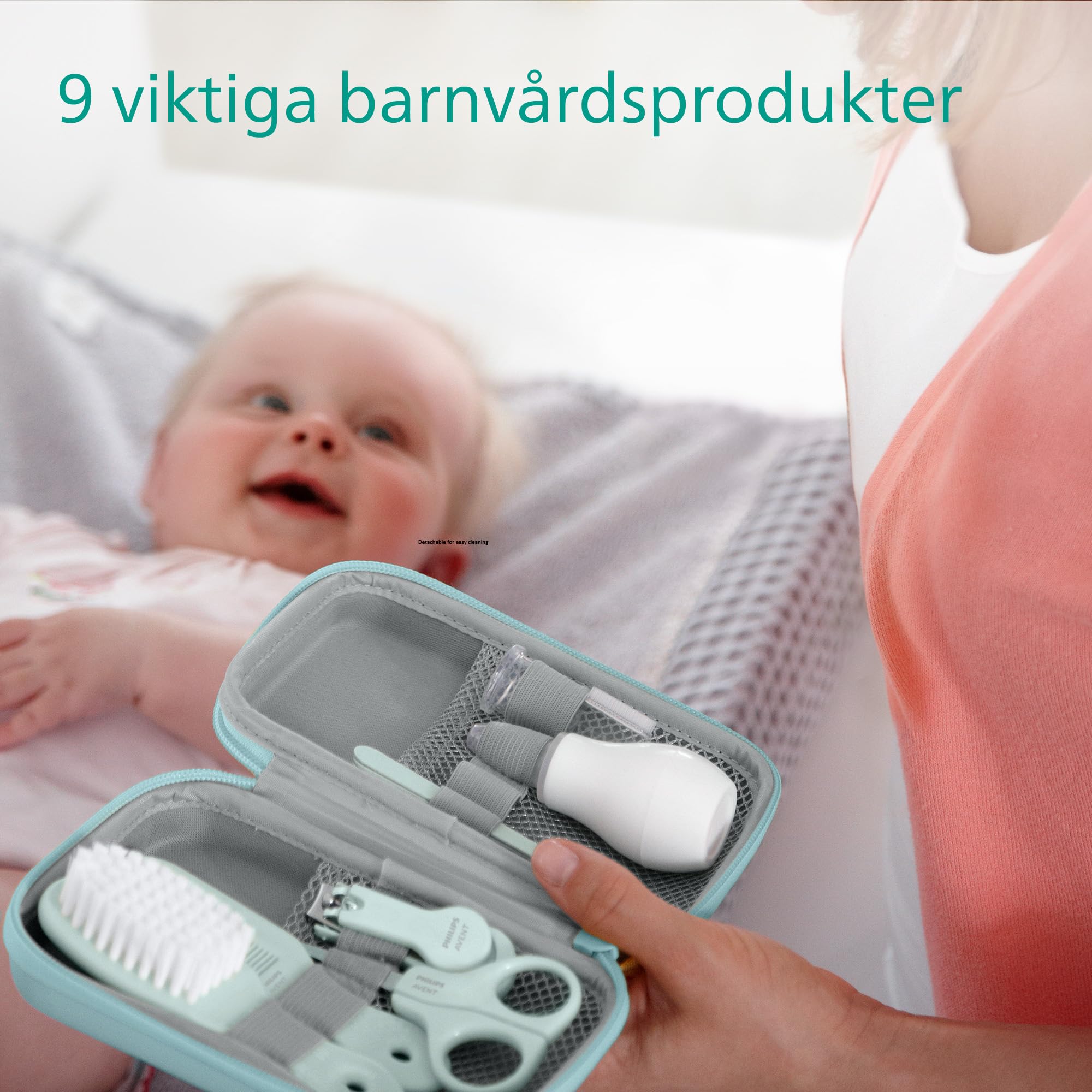 Philips Avent babyvårdsset – babyvårdsset med nio tillbehör, nagelklippare, sax, tre nagelfilar, kam, hårborste, nässug och fingertandborste (modell SCH401/00)