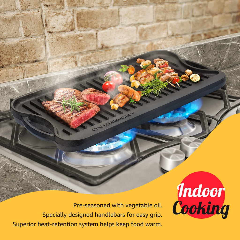 OVERMONT Gjutjärnsplatta, grillplatta, gjutjärn, dubbelsidig – grill med handtag 43,2 x 24,9 cm – för grill, spis, träkolgrill, gasgrill