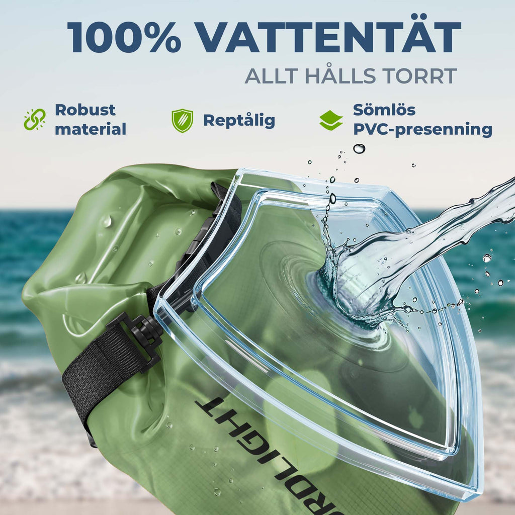 Nordlight vattentät torrsäck med telefonficka och midjeväska - (10L, Mörkgrön) vattentät torrsäck med rullstängning | simning, båtliv, strand, stående paddling