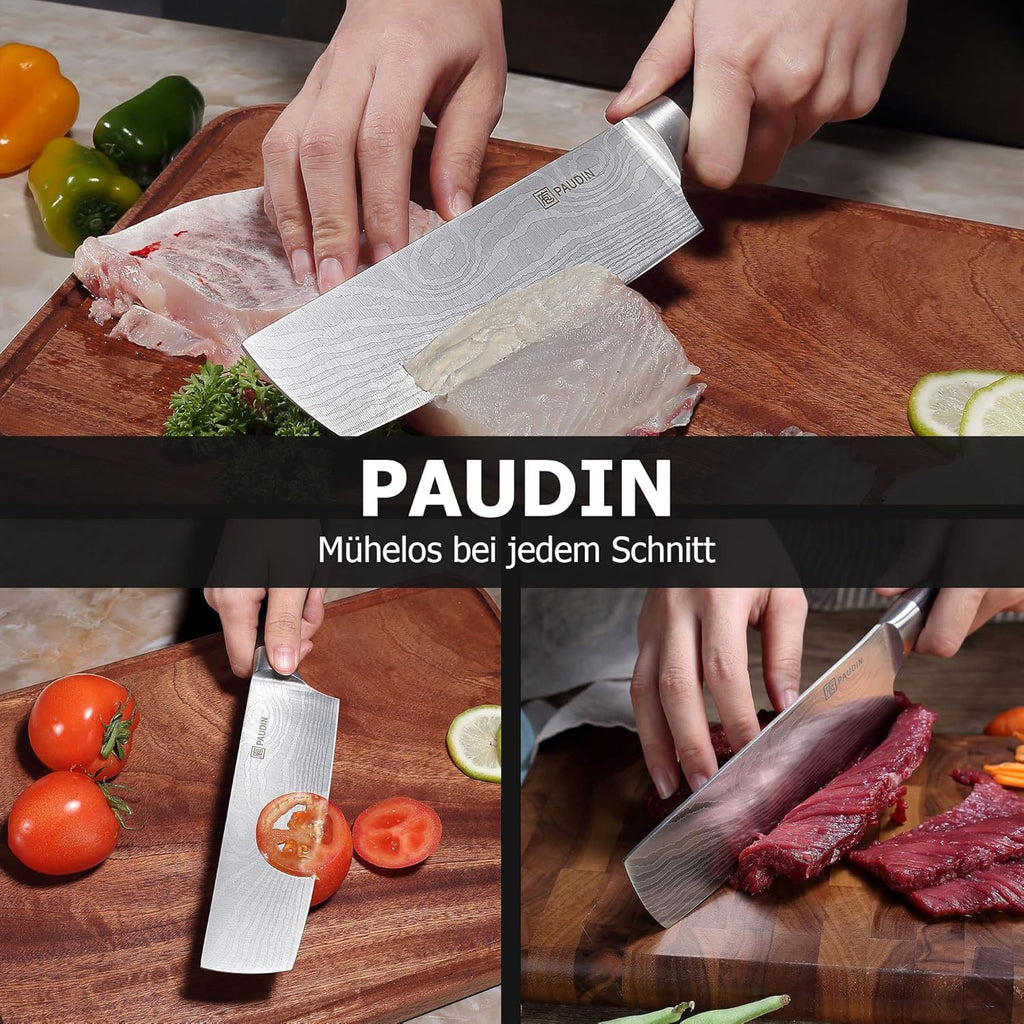 PAUDIN Japansk kniv, bladlängd 17, nariki-kniv, rostfritt stål, kockkniv, multifunktionell kökskniv för hem och kök med ergonomiskt handtag