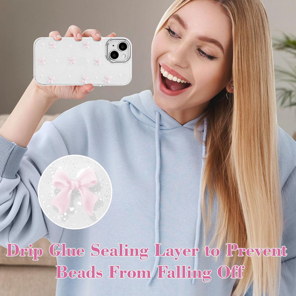 EYZUTAK Skal för iPhone 13/iPhone 14, glittrigt 3D-rosettskal, söt, gnistrande, kristallklar design, tunt, mjukt och hållbart genomskinligt TPU-skal, rosa rosett