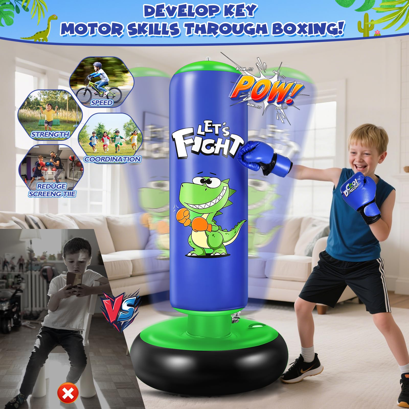 Boxningsväska för barn, uppblåsbar boxningssäck för barn, 120 cm - perfekt för karate, taekwondo, perfekt present till pojkar och flickor från 3 till 8 år