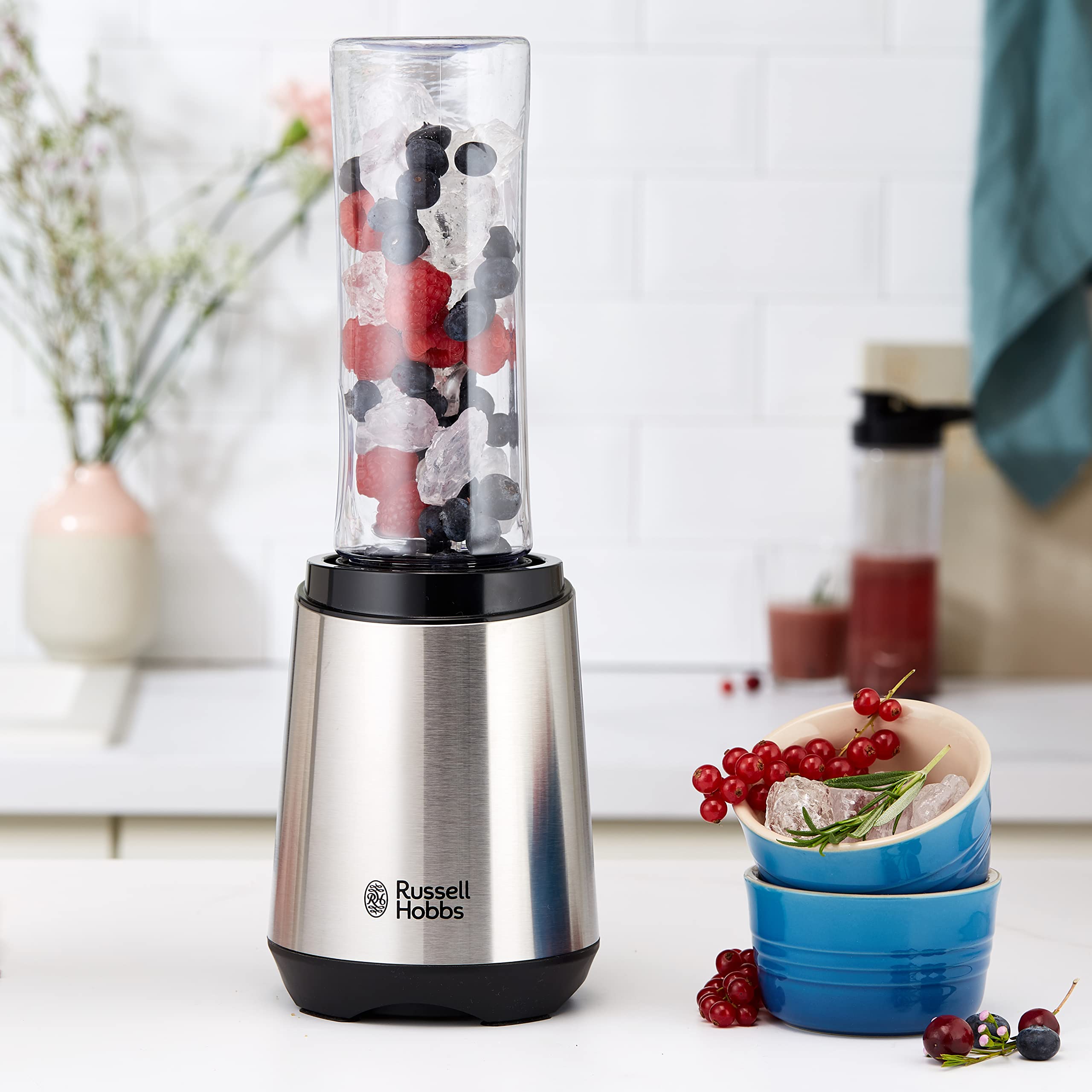 Russell Hobbs mixer, 2 BPA-fri, flaskor som tål diskmaskin, tritanplast med lock, 600ml, 23500 varv per min, 300W, Mix&Go Steel 23470-56