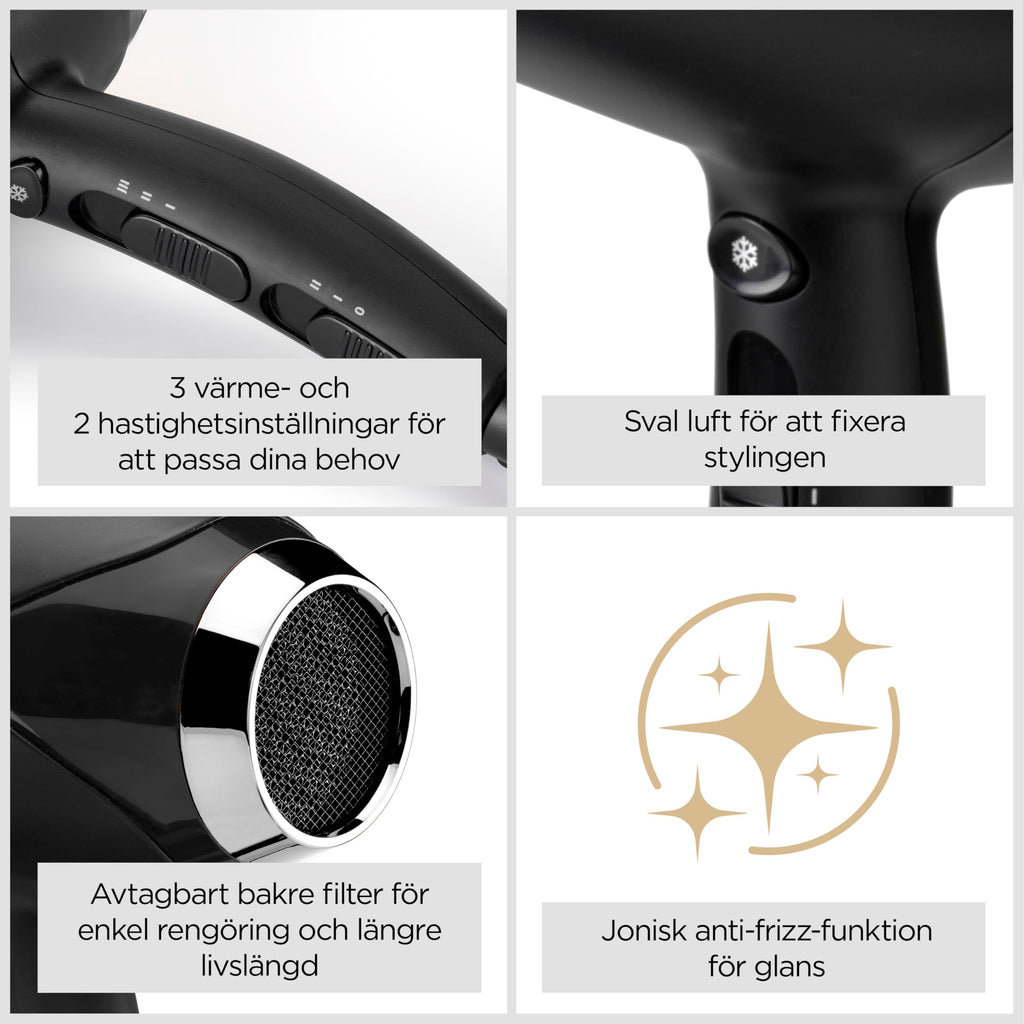BaByliss Turbo Smooth Hårfön - 2200 W Kraftfull Hårtork, Stor Diffuser, Joniserad Frissfri Styling, 3 Värme- & 2 Hastighetsinställningar, Svart, D572DE