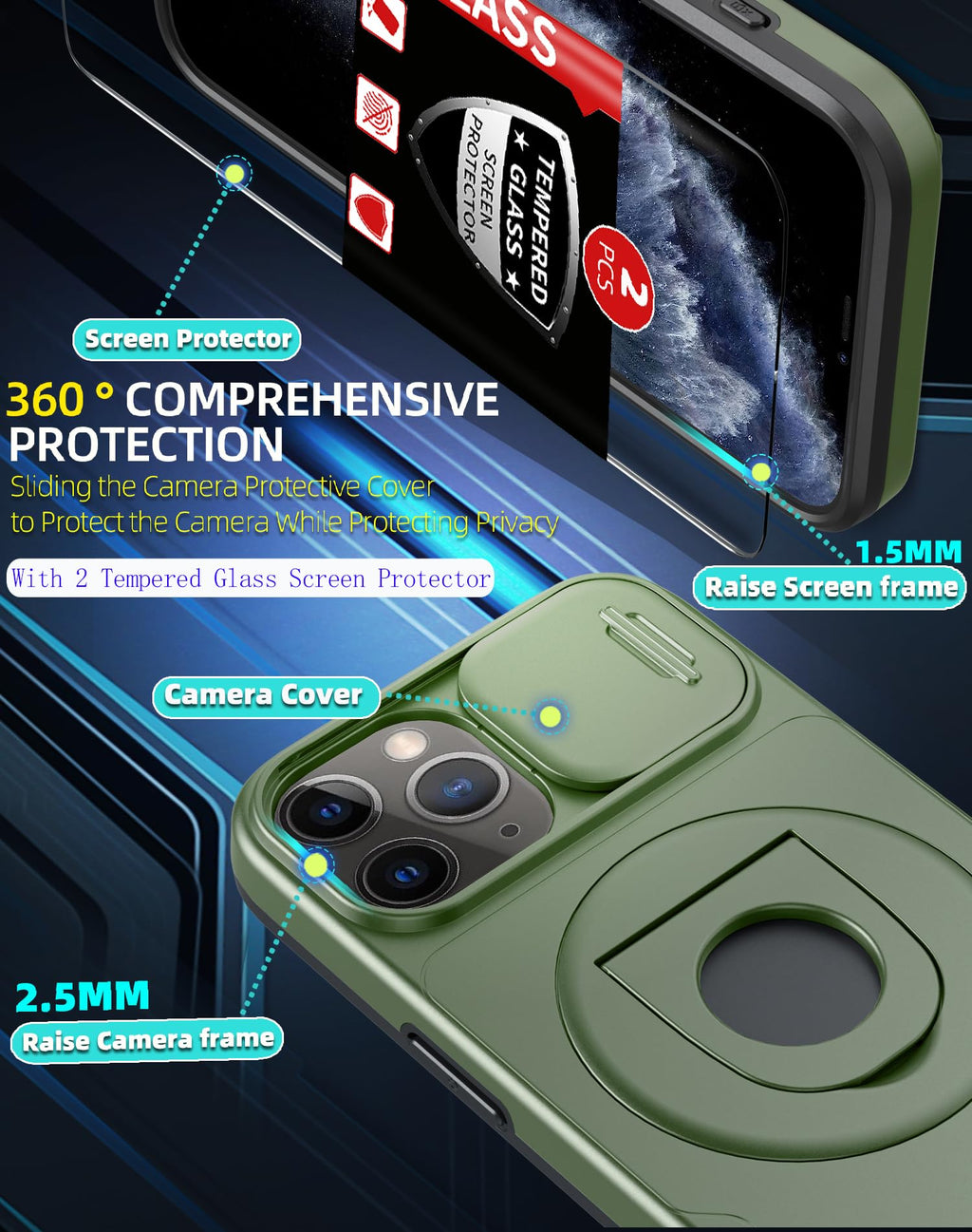 Magnetiskt skal för iPhone 11 Pro,kompatibelt med MagSafe trådlös laddning,med 2 skärmskydd,inbyggt 360° stativ + kameraskydd,reptåligt,stötsäkert,kraftigt skydd,Robust och hållbar,Grönt