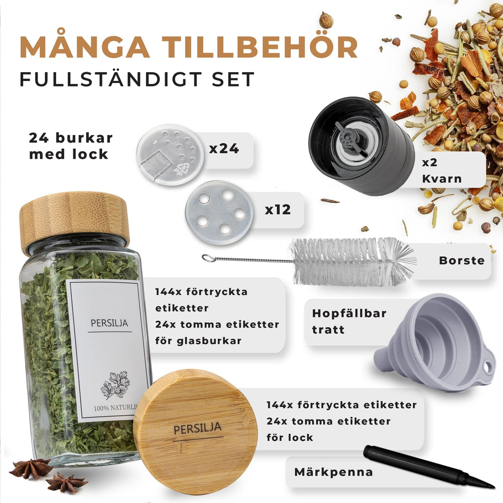 Comforder – Kryddburkar i Glas med Trälock – 336 Svenska Etiketter – 24-pack – 120 ml – Med Tillbehör (Bamboo)
