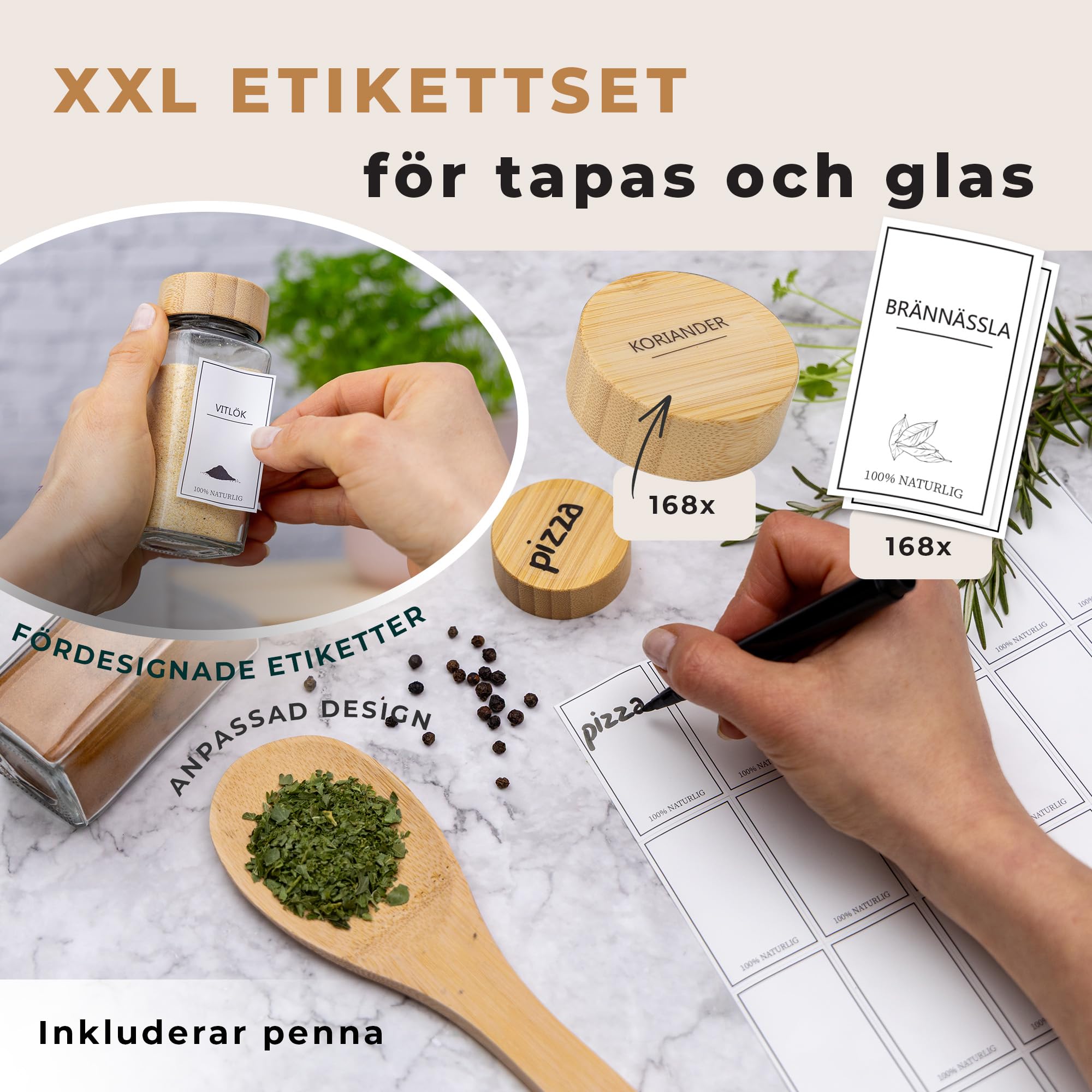 Comforder – Kryddburkar i Glas med Trälock – 336 Svenska Etiketter – 24-pack – 120 ml – Med Tillbehör (Bamboo)