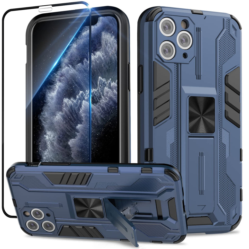 Skal för iPhone 11 Pro Max med skärmskydd, standardfodral stativfunktion Shockproof Case- blå