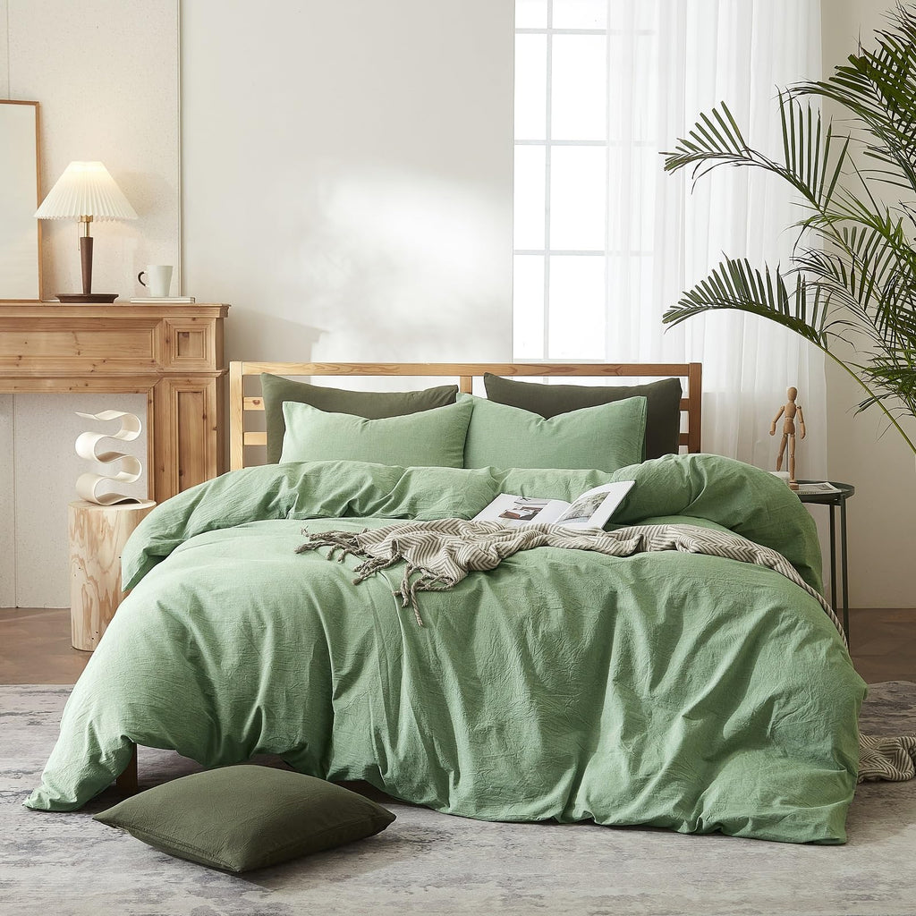 AMWAN Soft Sage Green Duvet Cover Twin 3 Piece Washed Cotton Bedding Sets Simple Style Light Green Comforter Cover Breathable Cotton Green Bedding Duvet Cover for Kids Boy Girl Adults Twin Bed Set