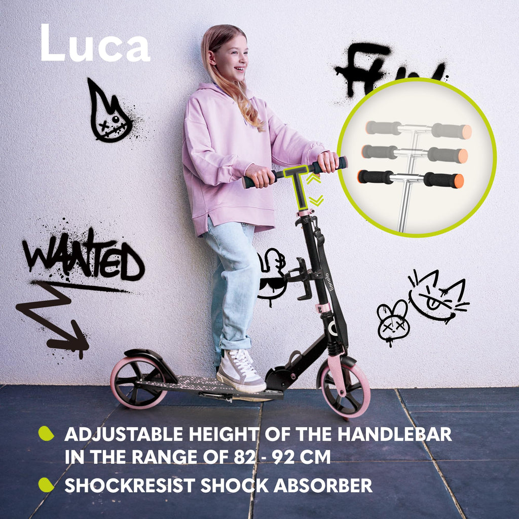 LIONELO Luca Hopfällbar Sparkcykel för Barn (5+), Ungdom & Vuxen, Lätt Aluminium 4,1 kg, Stora 200 mm PU-hjul, ABEC-7-lager, ShockResist dämpare, upp till 100 kg, Justerbart Styre, Fotbroms & Sidostöd