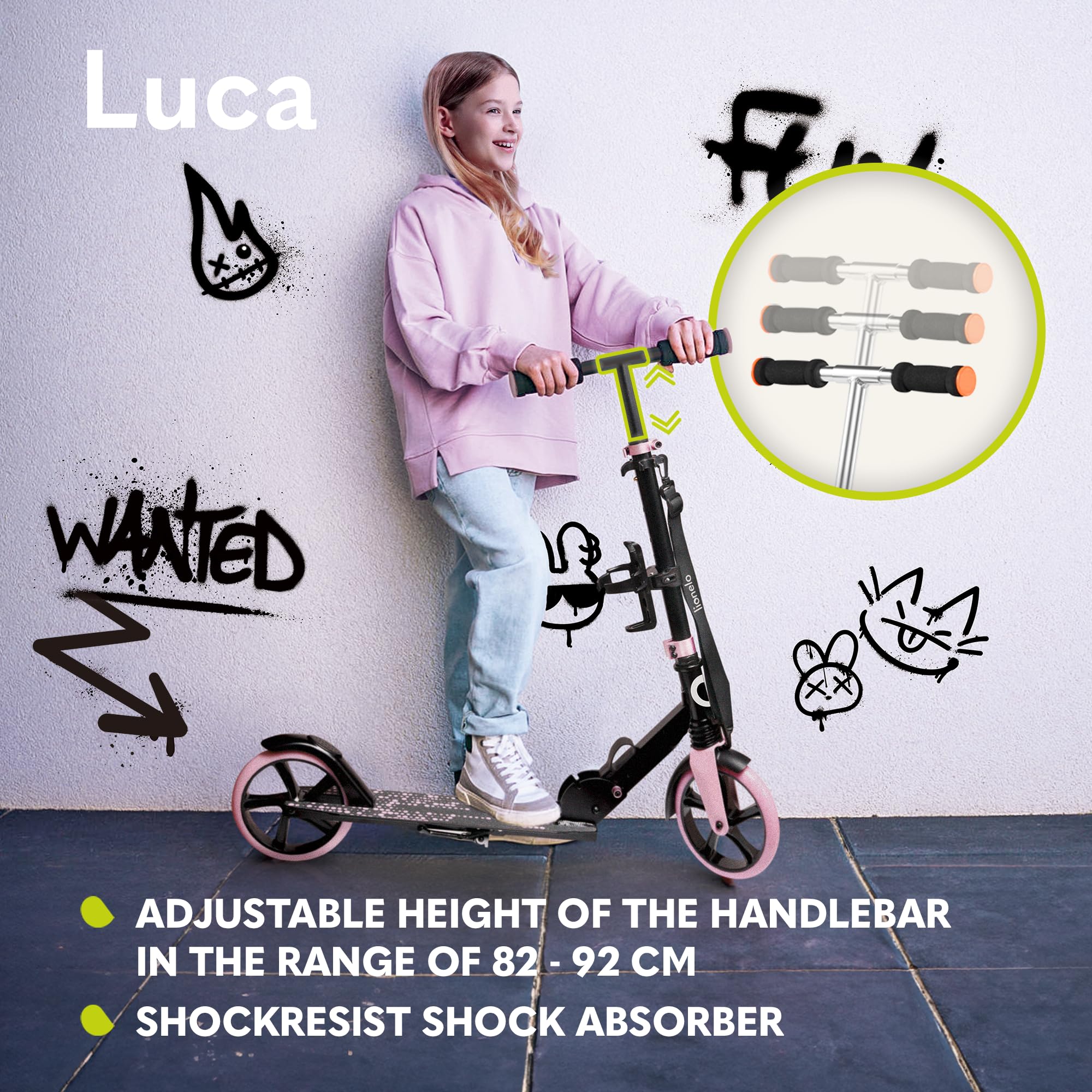 LIONELO Luca Hopfällbar Sparkcykel för Barn (5+), Ungdom & Vuxen, Lätt Aluminium 4,1 kg, Stora 200 mm PU-hjul, ABEC-7-lager, ShockResist dämpare, upp till 100 kg, Justerbart Styre, Fotbroms & Sidostöd