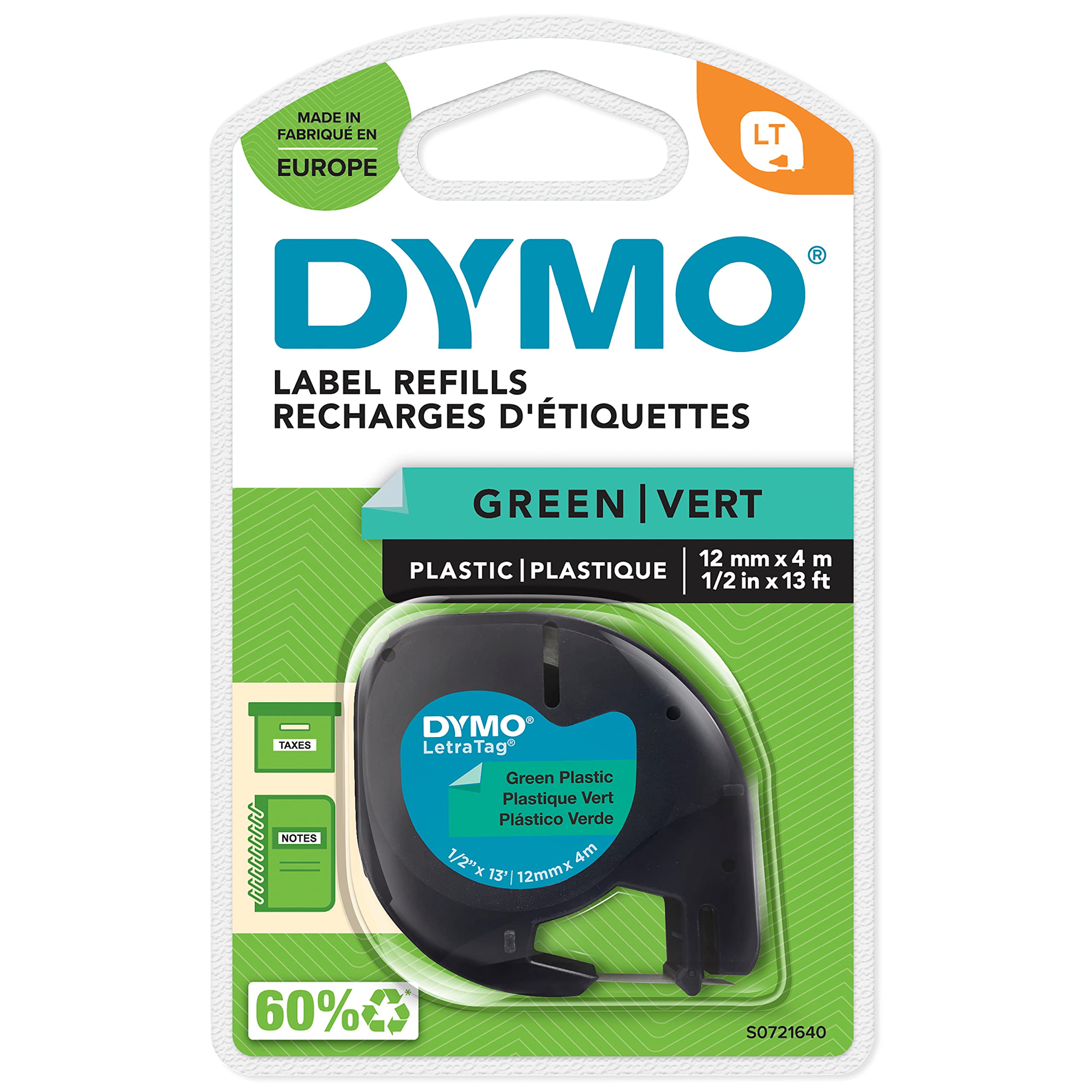 DYMO LetraTag-plastetiketter | Originaletiketter | Rulle på 12 mm × 4 m | Svart text på gröna etiketter | Självhäftande etiketter för flera syften för LetraTag etikettskrivare