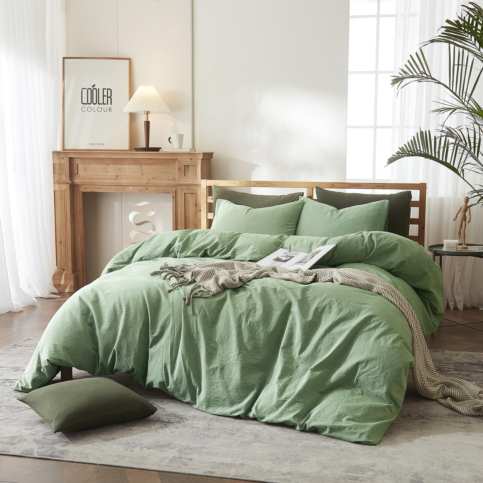 AMWAN Soft Sage Green Duvet Cover Twin 3 Piece Washed Cotton Bedding Sets Simple Style Light Green Comforter Cover Breathable Cotton Green Bedding Duvet Cover for Kids Boy Girl Adults Twin Bed Set