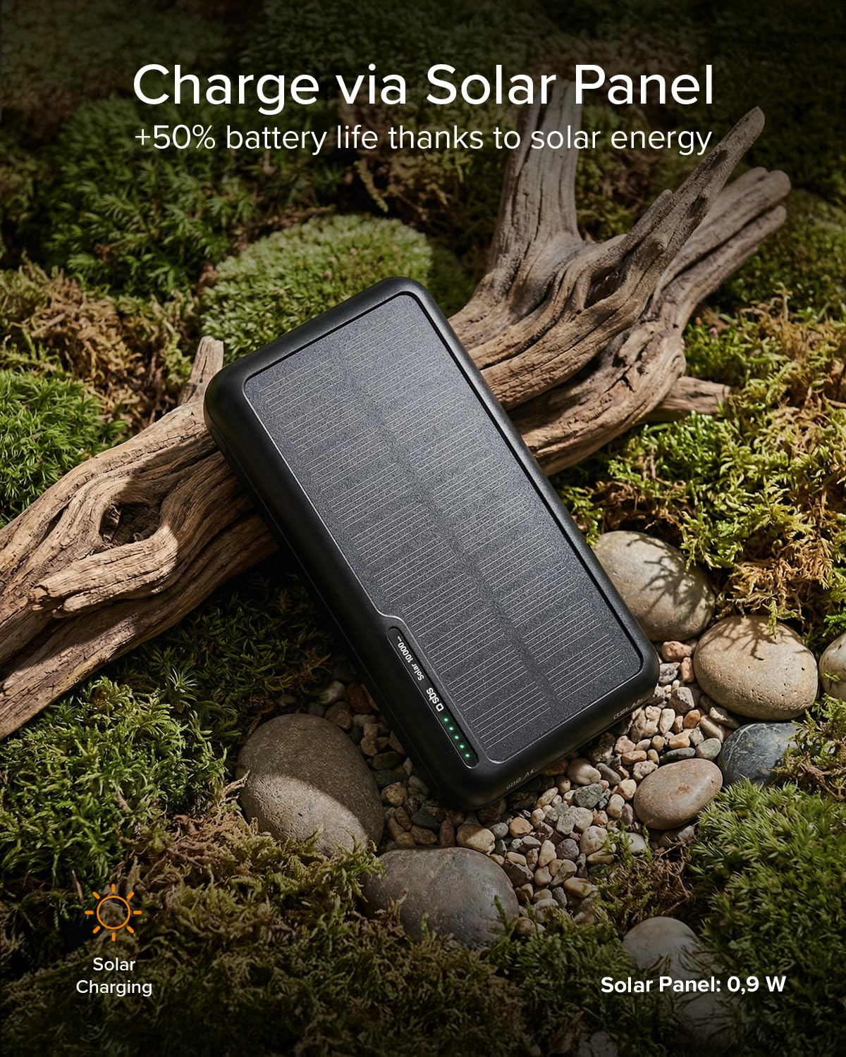 SBS Solar PowerBank, 10000mAh, Power Bank med Solpanel, Snabb Laddning, Intelligent Charge (IC), Status LED, USB-C, USB-A, Bärbar Reseladdare, Kompakt Design, Svart