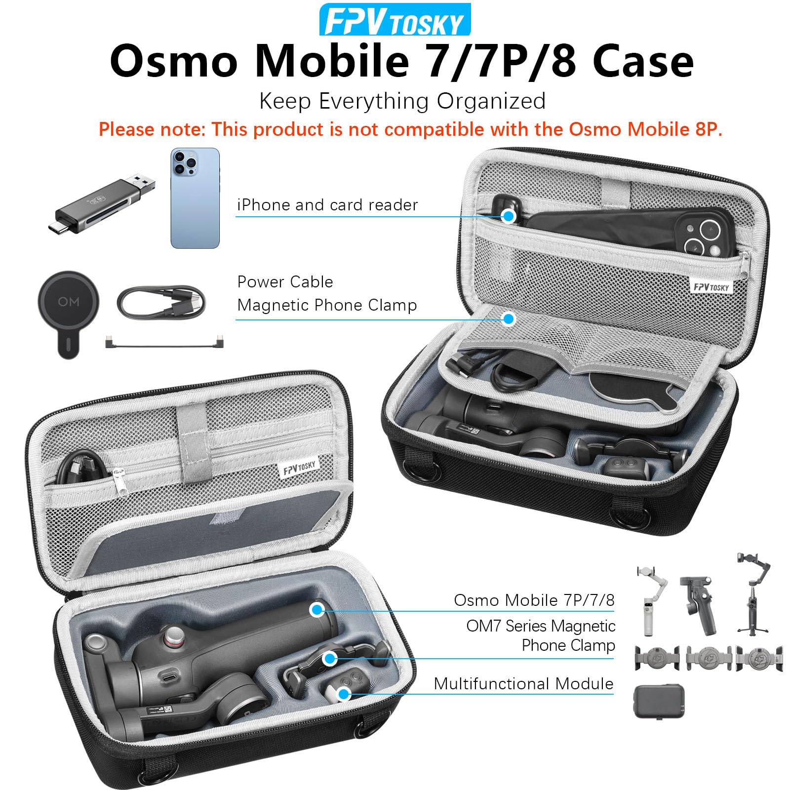 FPVtosky Osmo Mobile 7/Osmo Mobile 7P väska, nylon resväska axelväska för DJI OSMO Mobile 7/7P huvudstabilisator/OM fyllning telefonklämma tillbehör, svart (endast fodral), Svart, Enkelhet
