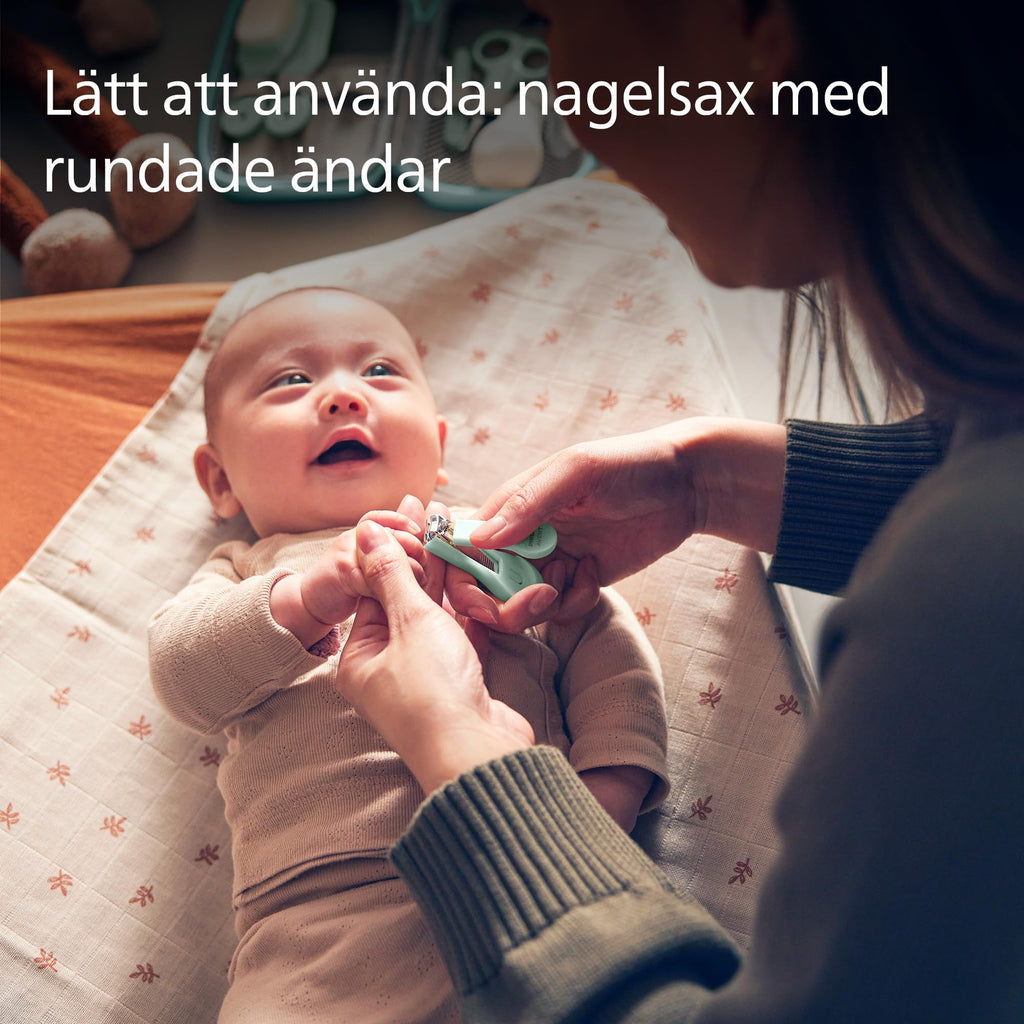 Philips Avent babyvårdsset – babyvårdsset med nio tillbehör, nagelklippare, sax, tre nagelfilar, kam, hårborste, nässug och fingertandborste (modell SCH401/00)