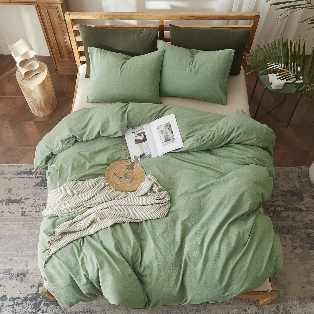 AMWAN Soft Sage Green Duvet Cover Twin 3 Piece Washed Cotton Bedding Sets Simple Style Light Green Comforter Cover Breathable Cotton Green Bedding Duvet Cover for Kids Boy Girl Adults Twin Bed Set